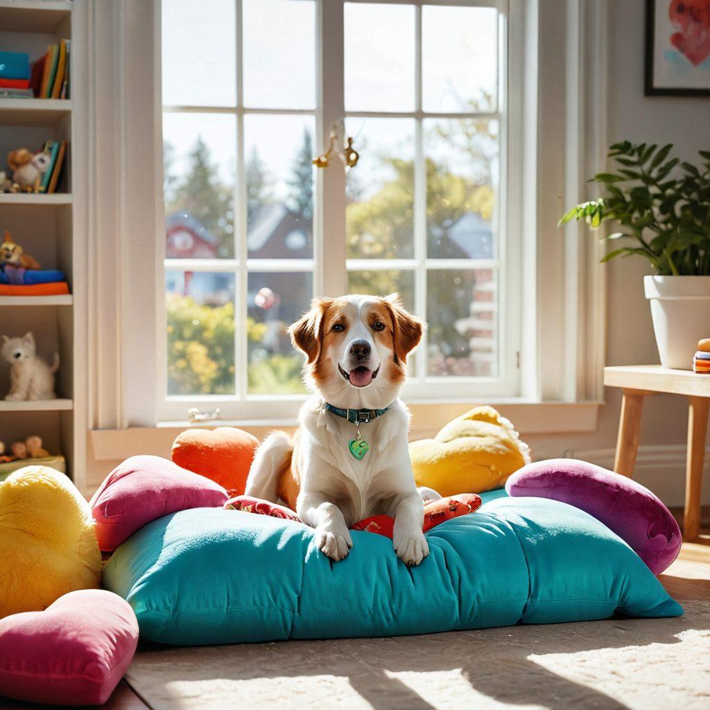 A cozy home environment featuring a happy dog and cat enjoying soft, padded pet products designed for their comfort. The scene is filled with gentle sunlight streaming through a window, showcasing vibrant colors in the toys and bedding. Include playful elements like paws and hearts in the background to evoke warmth and love for pets. super-realistic. vibrant colors. soft lighting.