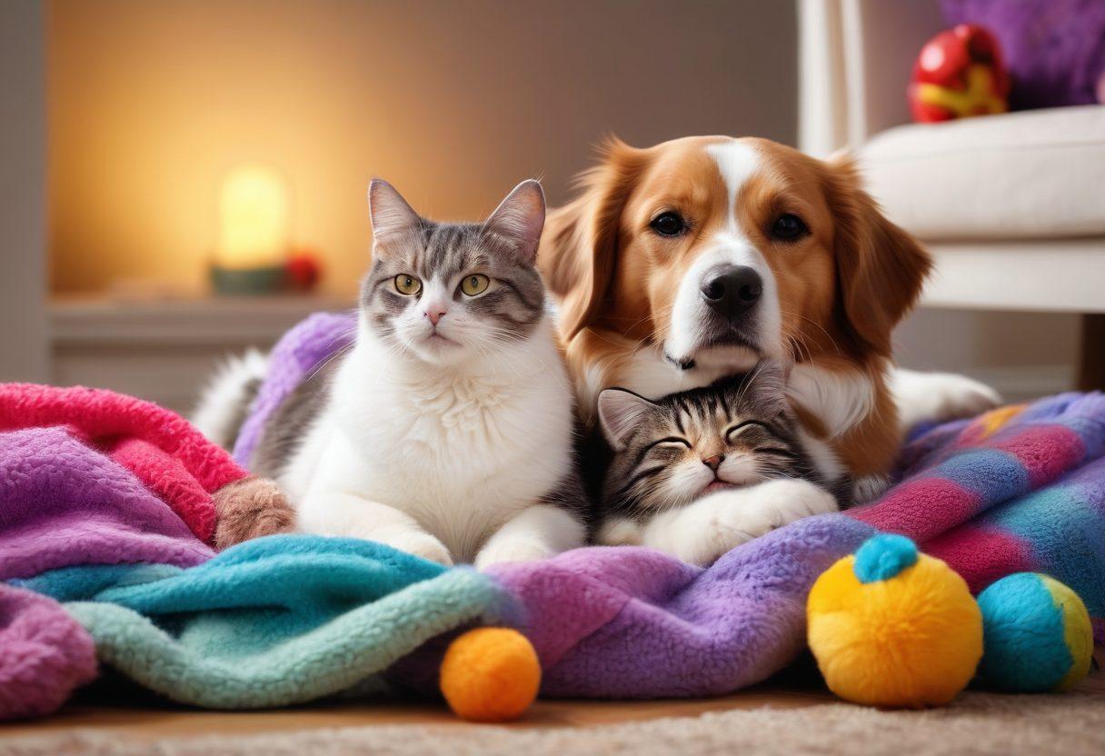 A heartwarming scene of a cat and dog cuddling together with soft, fluffy paws playfully touching each other. Surround them with colorful pet toys and a cozy blanket, highlighting the comfort and joy of gentle pet care. Consider a soft glow to emphasize warmth and companionship. super-realistic. vibrant colors. cozy atmosphere.