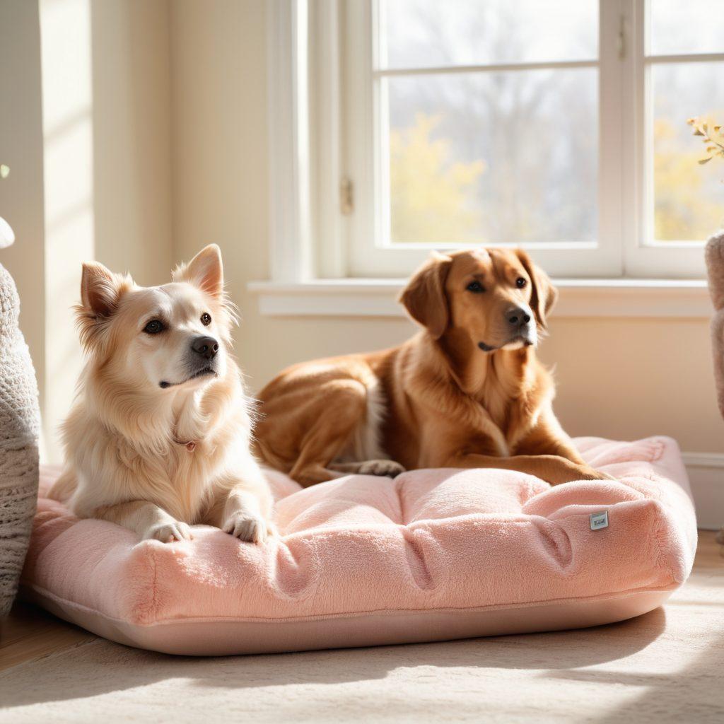 A soft, cozy pet space featuring a content dog and cat lounging on plush cushions with soft claw products around them, gentle rays of sunlight filtering through a window, highlighting the comfort and warmth of the scene. The pets should look relaxed and happy, showcasing the benefits of these products. pastel colors. soft focus. warm lighting.